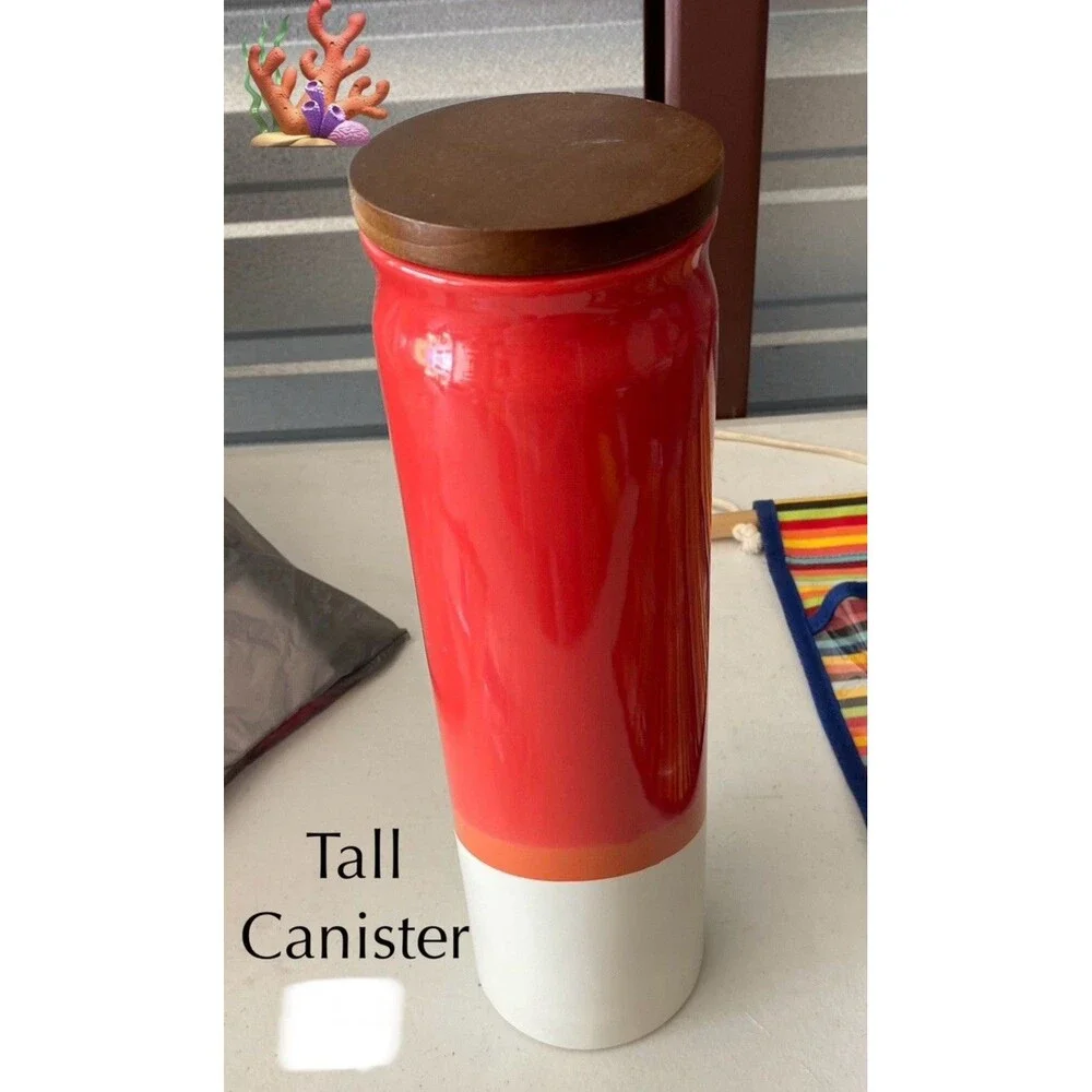 Threshold Tall Red Stoneware Canister Wood Lid Colorblock Modern Kitchen Storage